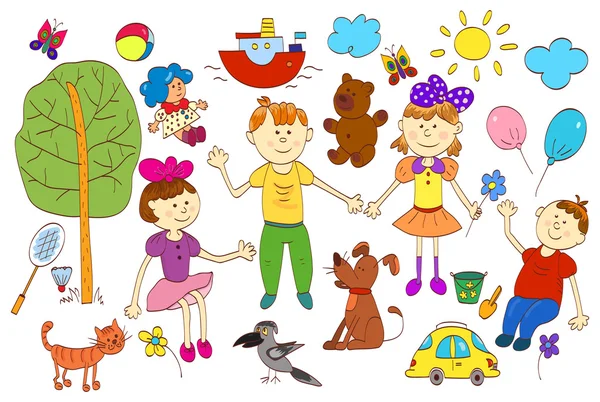 Doodle Set von niedlichen Kindern Leben einschließlich Haustiere, Spielzeug, Pflanzen, th — Stockvektor