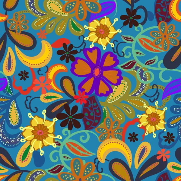 Fond d'écran Paisley sans couture. Fleurs et feuilles colorées sur fond bleu b — Image vectorielle