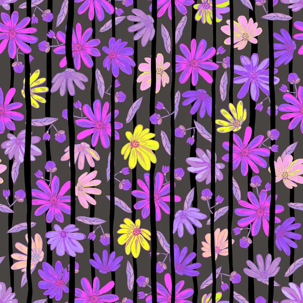 Illustratie van naadloze bloemen. Geïsoleerde bloemen met zwarte Str — Stockvector