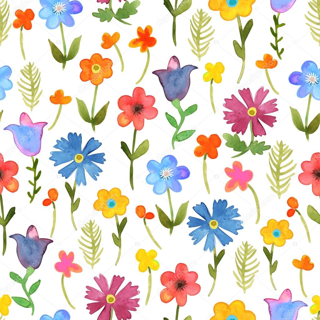 Seamless floral  background. Isolated colorful field flowers drawn watercolor.