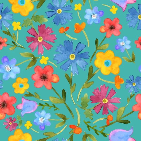 シームレス花柄背景です。孤立したカラフルなフィールドの花の描かれた水彩画. — ストックベクタ