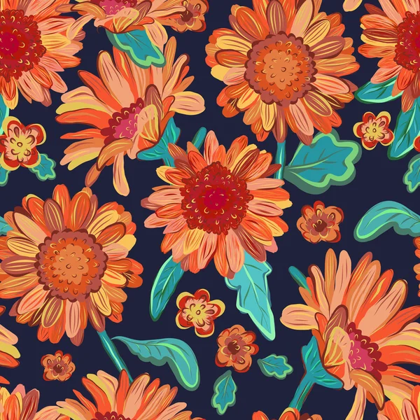Nahtloser floraler Hintergrund. vereinzelte orangefarbene Blüten auf schwarz. v — Stockvektor