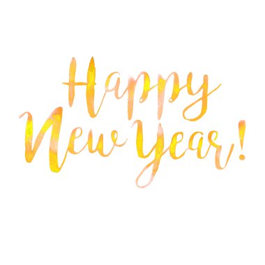 Elle çizilmiş suluboya Happy New Year metinde izole. Sarı l