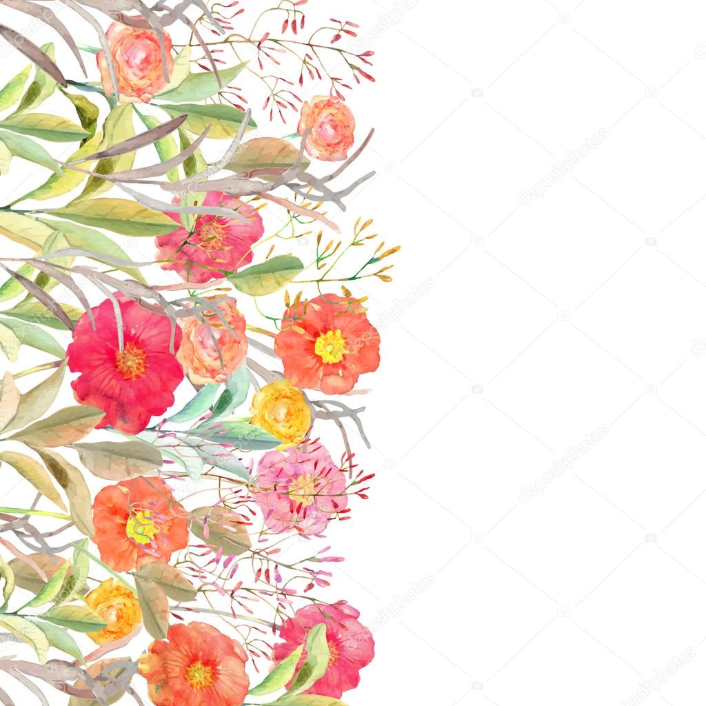 Vector floral border. Isolated roses and wild flowers drawn wate