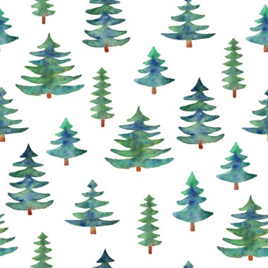 Beyaz zemin üzerine suluboya ağaçları seamless modeli.