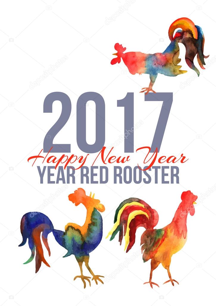 Vector card with fire cocks in watercolor and text Happy New Yea
