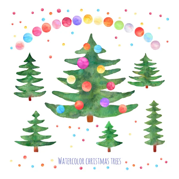 Vector set of watercolor green Christmas trees with balls on whi — Stock Vector