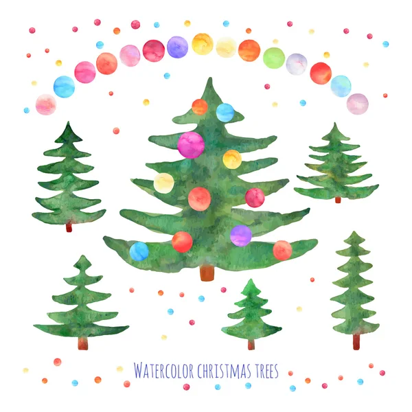WHI suluboya yeşil Noel ağaçları topları ile vektör kümesi