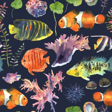 Karikatür, süsleme için suluboya çizilmiş çiçeklerle kusursuz desenler çizer. Renkli set. Su altı dünyası