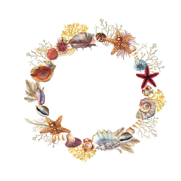 아름다운 물갈퀴가 화려 한 바다 조개, 별 및 장식용 식물들로 화환을 장식한다. 예술적 배경이야. 물속의 꽃들의 삽화 — 스톡 사진