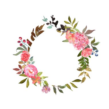 Pankart, üzerinde çiçek açan bir iğne ortancası olan daire kartı, suluboya el çizimi güller ve yapraklar. Davetiyeler, selamlar, düğün kutlamaları için mükemmel bir kullanım. Metin için yeri olan çiçek arkaplanı