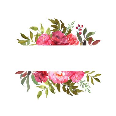 Pankart, kart, çiçek açan güller ve suluboya yapraklarla çizilmiş bir sınır. Davetiyeler, selamlar, düğün kutlamaları için mükemmel bir kullanım. Metin için yeri olan çiçek arkaplanı