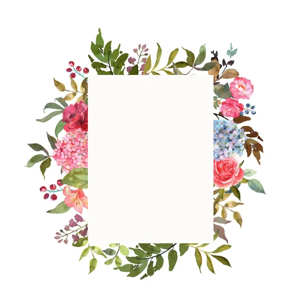 Banner, kaart met een bloeiende roze, blauwe hortensia, rozen en bladeren met de hand getekend in aquarel. Uitstekend gebruik voor uitnodigingen, groeten, huwelijksfeesten. Bloemen achtergrond met plaats voor tekst — Stockfoto