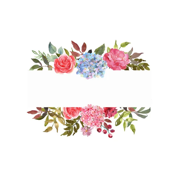 แบนเนอร์, การ์ด, ขอบด้วยดอกไม้สีชมพู, สีฟ้าไฮเดรนเยีย, ดอกกุหลาบและใบวาดด้วยมือในสีน้ํา การใช้งานที่ยอดเยี่ยมสําหรับการเชื้อเชิญการทักทายการเฉลิมฉลองงานแต่งงาน พื้นหลังดอกไม้ที่มีสถานที่สําหรับ — ภาพถ่ายสต็อก