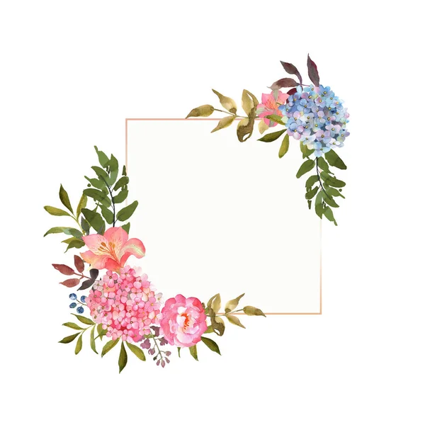 Fyrkantig banner, kort med en blommande rosa, blå hortensia, rosor och blad handen dras i akvarell. Utmärkt användning för inbjudningar, hälsningar, bröllop firande. Blommig bakgrund med plats för — Stockfoto