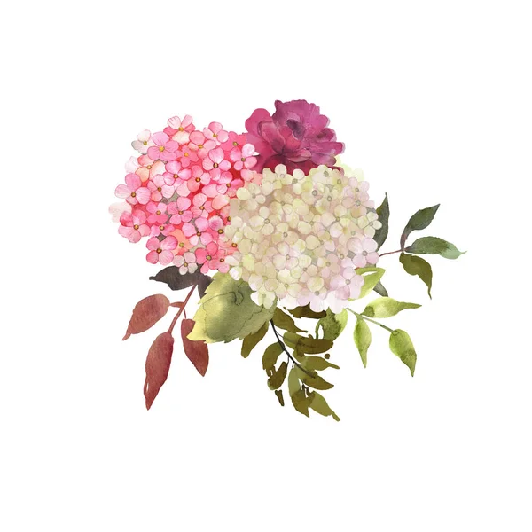 Pankart, kart, tasarım, çiçek açan ortanca buketi, güller ve suluboya ile çizilmiş yapraklar. Davetiyeler, selamlar, düğün kutlamaları için mükemmel bir kullanım. Çiçek arkaplanı — Stok fotoğraf
