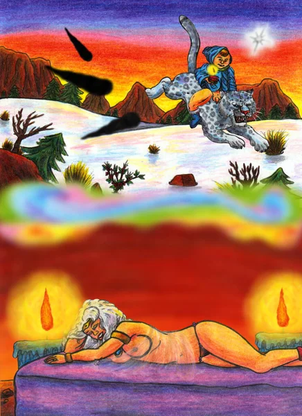 Абстрактная Цветная Карандашная Картина Иллюстрация Рождественской Сказки Богиня Мать Мечтает — стоковое фото