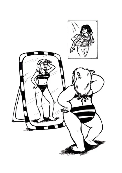(2008 년 거울 앞에서 뚱뚱한 여자) 스톡 사진