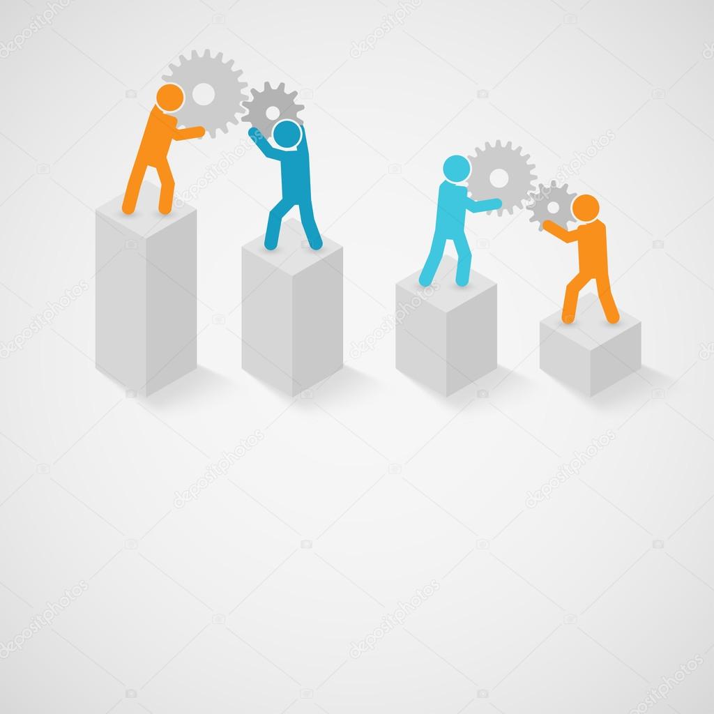 Vector illustration of people joining cogs standing on podiums as a business teamwork exercise