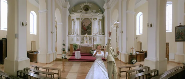 Новобрачные в церкви на свадебной церемонии с голубем — стоковое фото