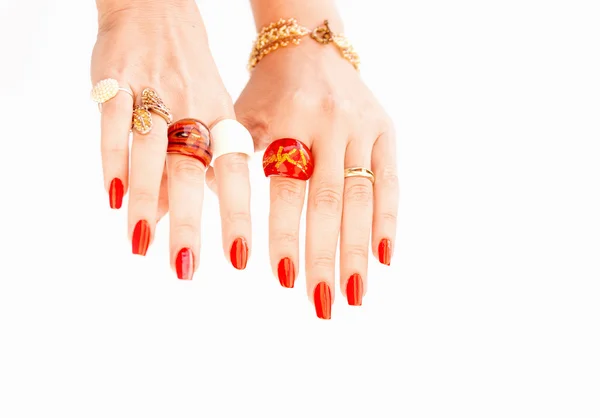 Close view of beautiful woman's hands with various rings — Stock Photo, Image