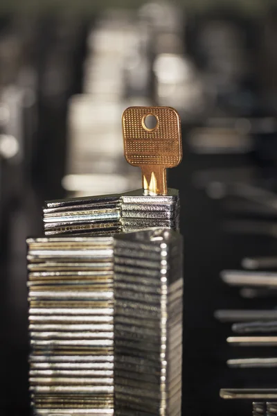 Metal blank keys put one on another and a golden key — Stock Photo, Image