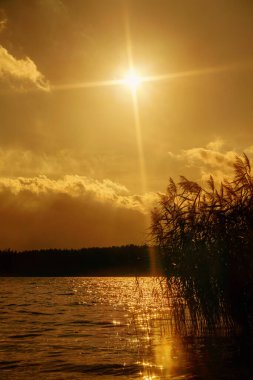 Sonbaharda gölde altın gün batımı. Litvanya.
