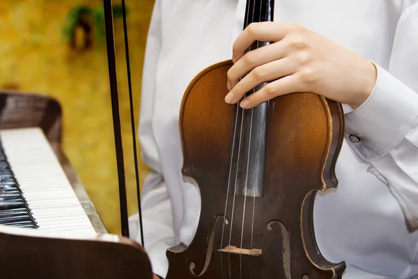 Рука девушки на струнах скрипки — стоковое фото