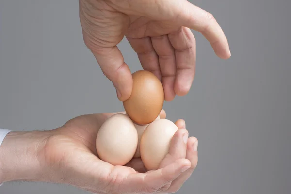 Quattro uova di gallina nelle mani di un uomo — Foto Stock