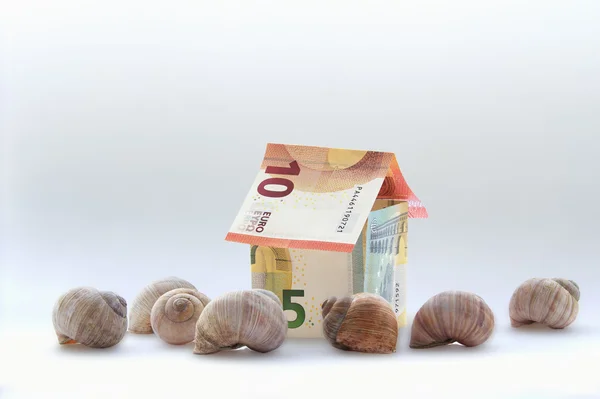 Billetes en euros casa y conchas cerca de ella — Foto de Stock