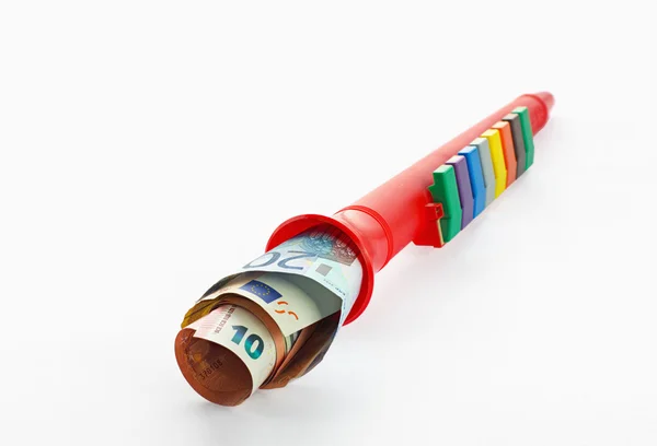 Brinquedo musical colorido Clarina e notas de euro — Fotografia de Stock