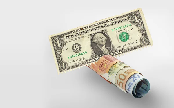 Один доллар разрезает кучу банкнот евро — стоковое фото