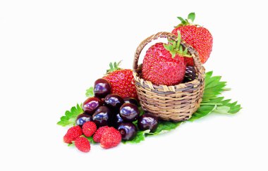 Yaban çilekleri kiraz ve çilek küçük bir sepet içinde