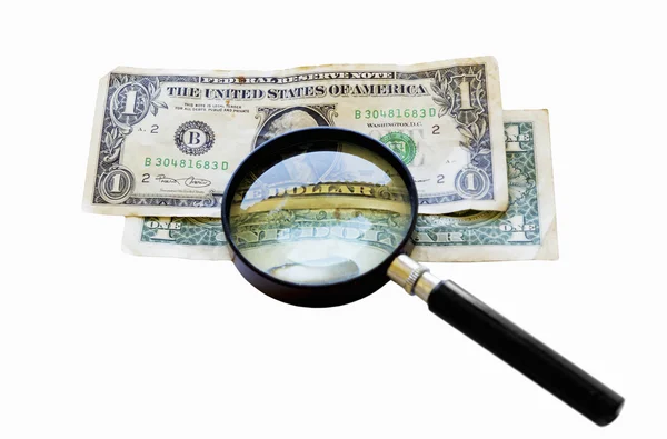 Two old one dollar bills under a magnifying glass — Stock Photo, Image