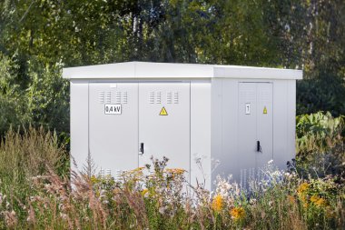 Electric power transformer in a meadow clipart