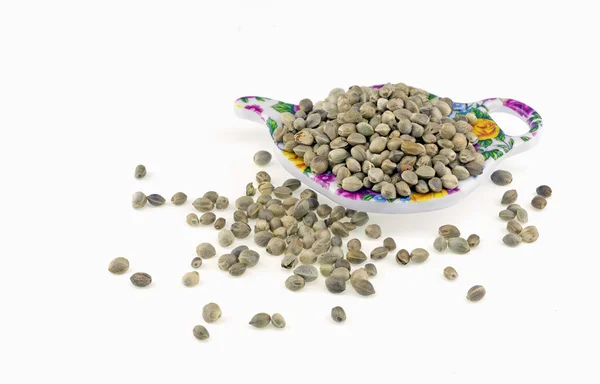 Hemp seeds on a small colorful plate — Stock Photo, Image