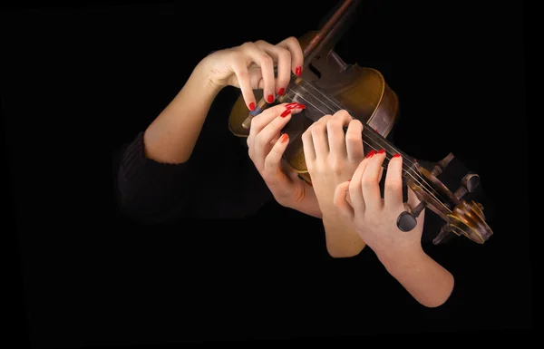 Четыре руки женщины, играющие на скрипке — стоковое фото