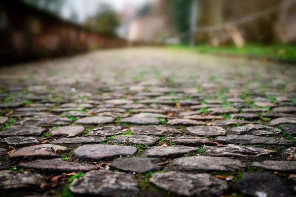 Old European Cobble Stone Road Perspective Blurred Background Copy Space — Stock Photo, Image