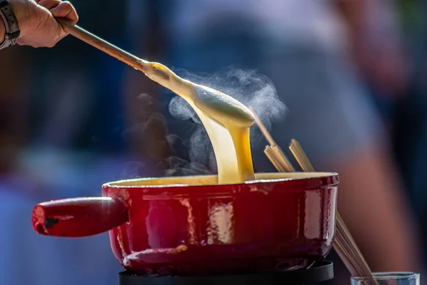 스위스의 피크닉에서 사람의 가까이서 사진은 뜨겁게 맛있는 전통적 맛있는 남비를 로열티 프리 스톡 사진