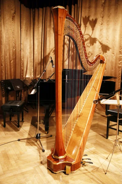 Beautiful golden harp in the auditorium before concert — Stock Photo, Image