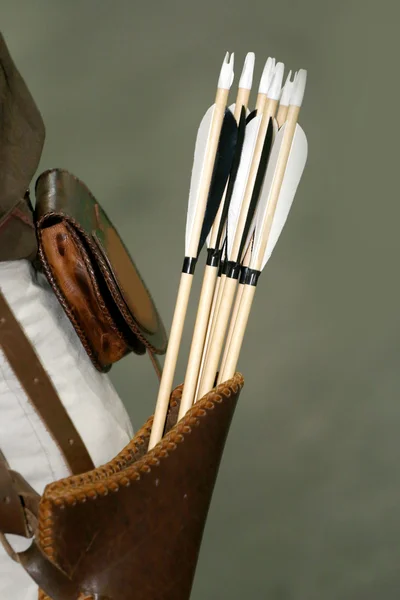 Group of arrows of a medieval bow in the quiver — Stock Photo, Image