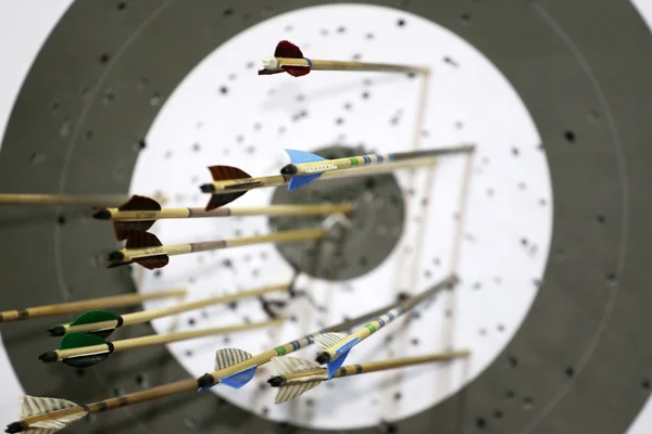 Pfeile für den Bogensport im Ziel — Stockfoto