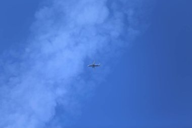 Arka plan olarak mavi gökyüzünde uçan uçak.