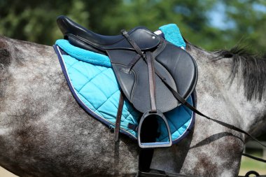 Şov için üzengilerle dolu eski deri bir eyer. Bir spor atının sırtındaki eyer. Binicilik sporu arka planı