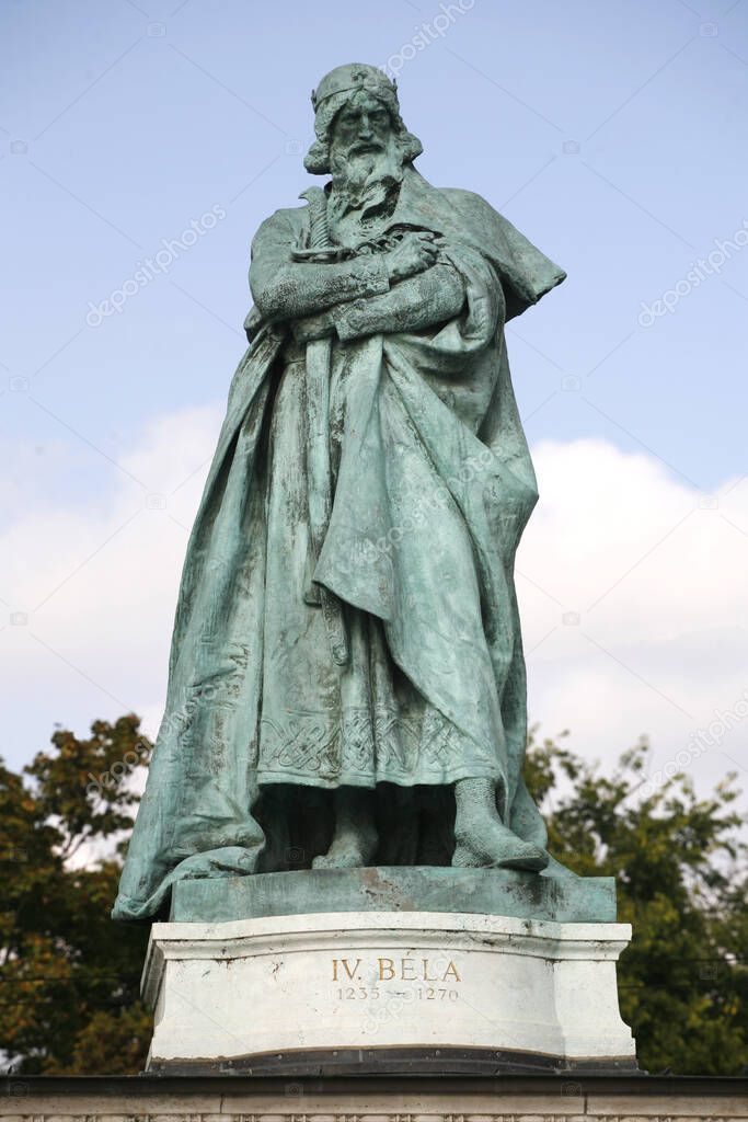 Budapest, Hungary 11.02.2021: Statue of  IV Bela  King of Hungary on Heroes Square Budapest Hungary