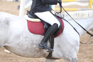 Yaz mevsiminde, atlama yarışında yarışan bilinmeyen bir yarışmacı. Atlayan atı eyer altında eylem halinde göster