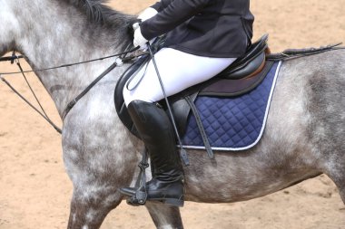 Yaz mevsiminde, atlama yarışında yarışan bilinmeyen bir yarışmacı. Atlayan atı eyer altında eylem halinde göster