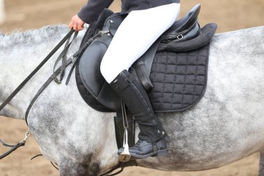 Yaz mevsiminde, atlama yarışında yarışan bilinmeyen bir yarışmacı. Atlayan atı eyer altında eylem halinde göster