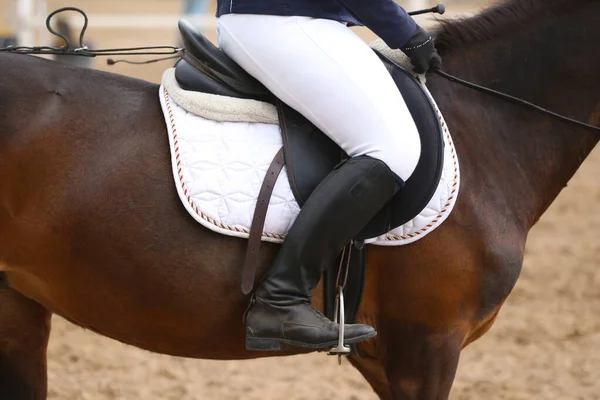 Concurrent Inconnu Chevauchant Sur Cheval Saut Obstacles Heure Été Événement — Photo