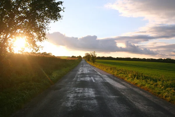 Strada rurale nei prati tramonto come sfondo — Foto Stock